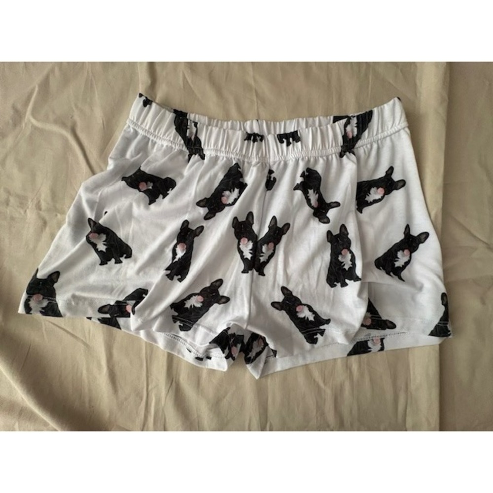 UR Of Love Women XS Shorts French Bulldog Print White Black Elastic Waist Lounge